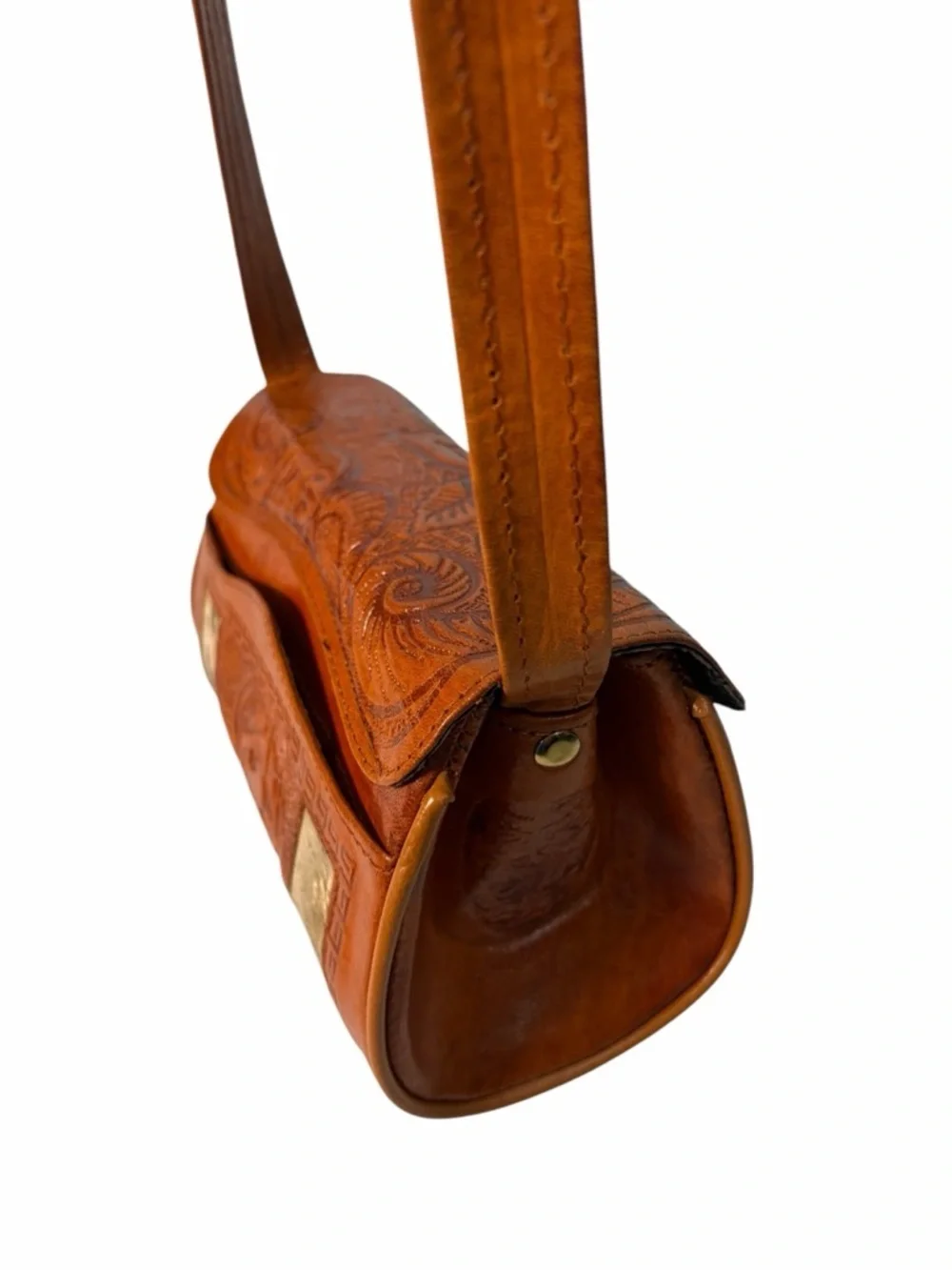 Vintage Cross body Bag Made In Mexico Brown Leather Horse Hair Rose Purse